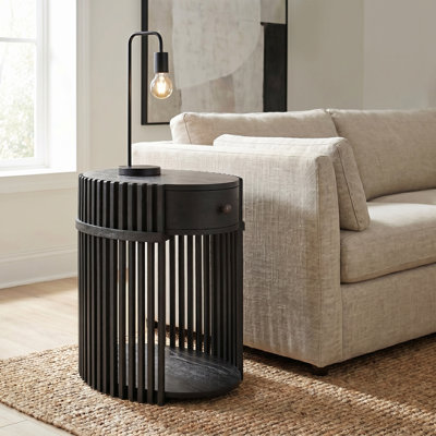 Estie Wood Slatted Chairside End Table With Charging Station