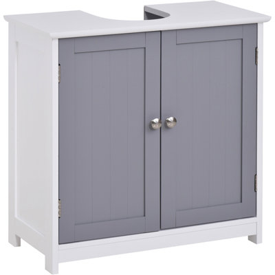Base de meuble-lavabo de salle de bain, sous l'évier avec creux en forme de U. Blanc et gris. Augmente le rangement. Tablette réglable. Fabrication robuste. H 23,5 po x P 11,43 po. Ajoute plus de rangement
