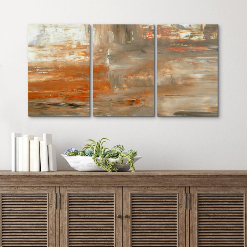 Formes abstraites grises et oranges de formes abstraites bohémiennes sur toile, 3 pièces, H 36 po x l 72 po x P 1,5 po