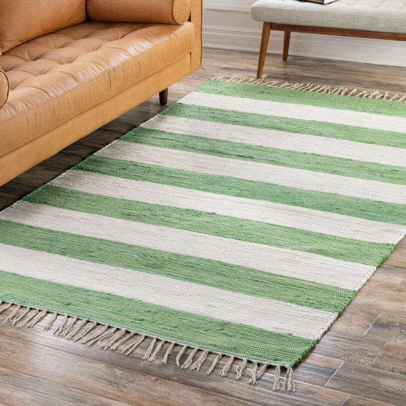 Tapis vert / blanc en coton noué à la main Calin, Rectangle 2 pi 2 po x 3 pi 1 po