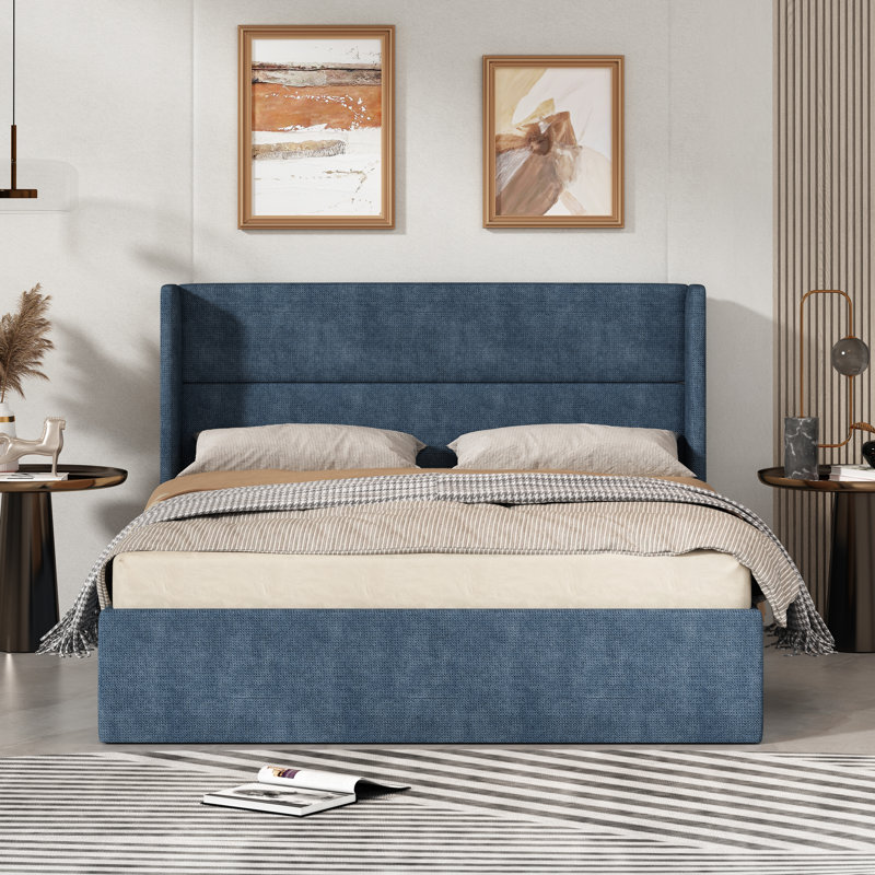 Lit plateforme tapissier avec rangement Gaillarde, Bleu brume grisâtre, Grand