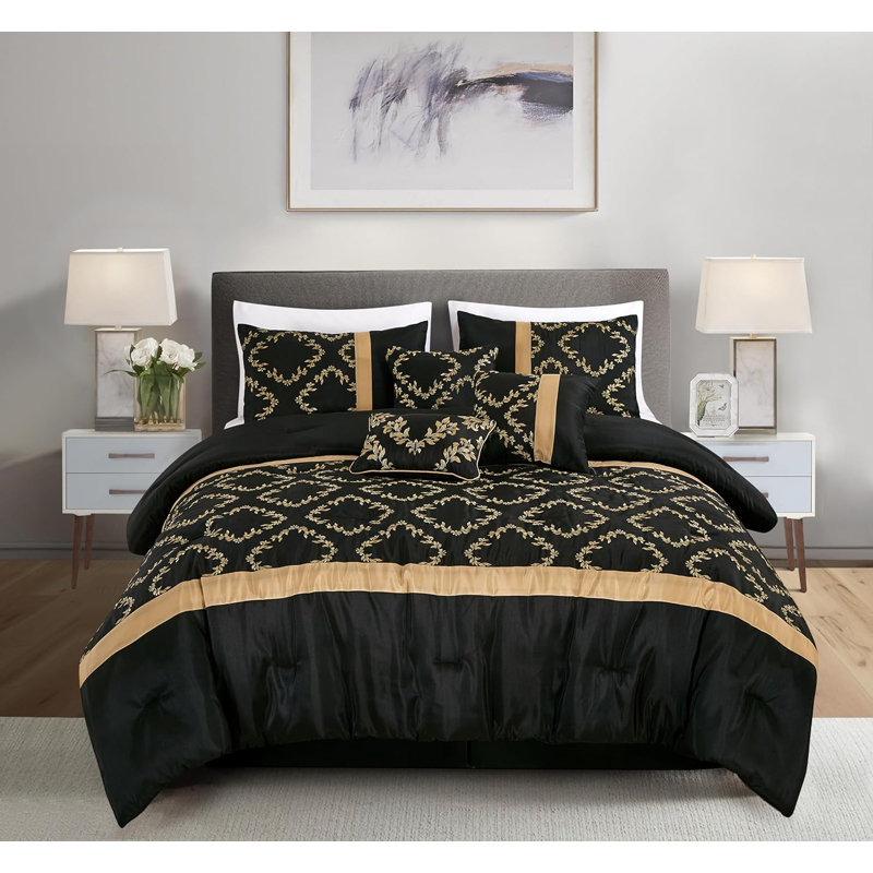  7-Piece Faux Silk Black Gold Embroidered Comforter Set, King Comforter + 6 Additional Pieces 