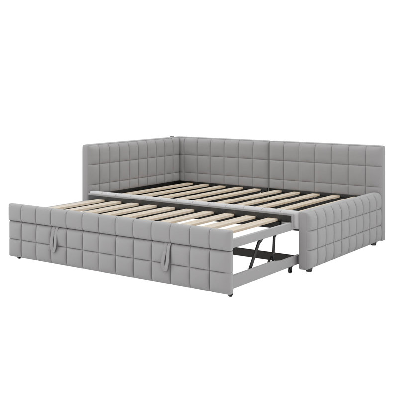 Lit de jour en L pleine grandeur revêtu de tissu et doté d'un lit gigogne escamotable double et de ports USB intégrés, Gris