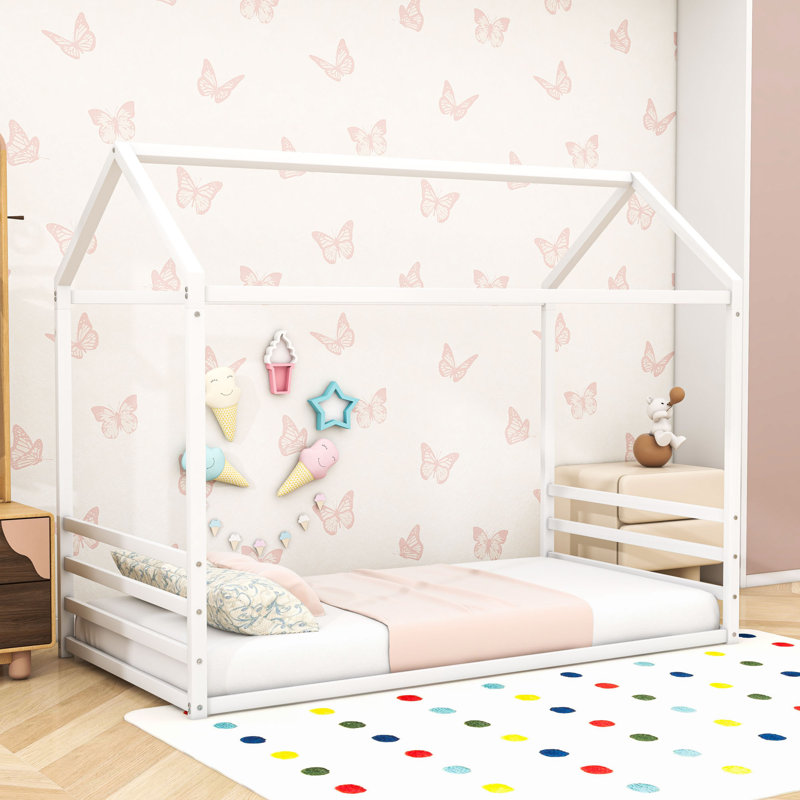 Metal House Shaped Bed With Guardrails, Twin, White