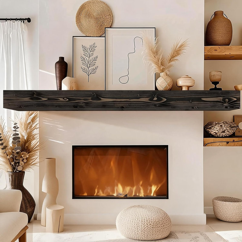72-Inch Solid Wood Floating Fireplace Mantel Shelf – Rustic Wall-Mounted Shelf for Over Fireplace, Spray Paint Black