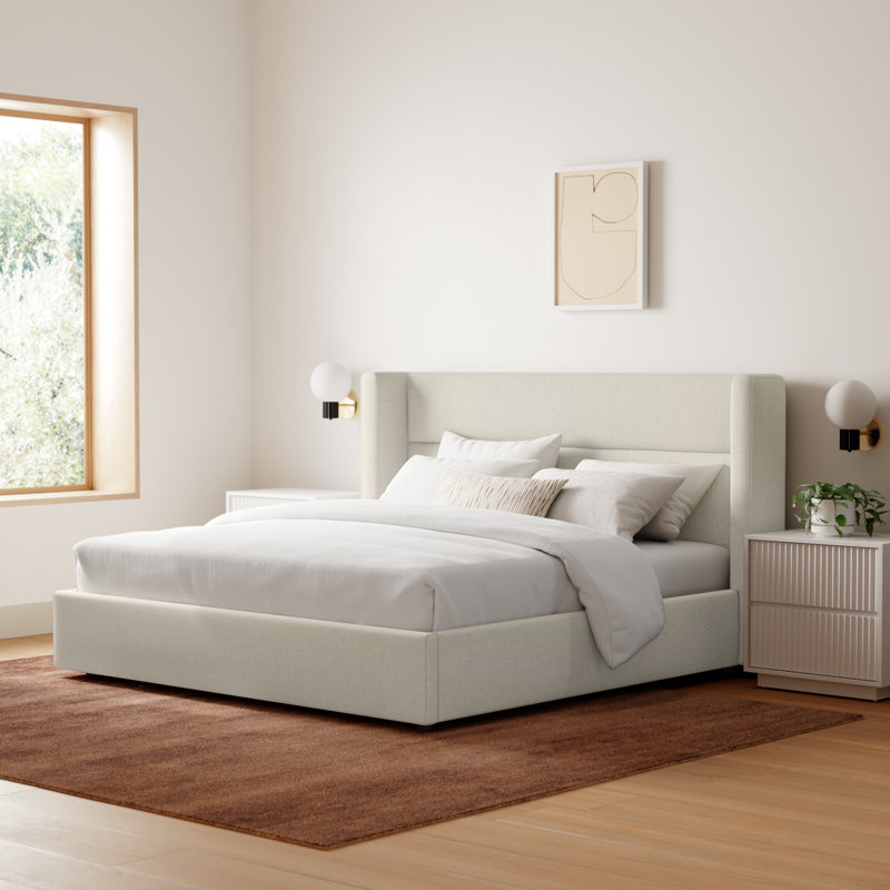 Jayla Upholstered Platform Wingback Bed, King, Effie Linen Performance Linen