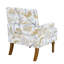 Chic fauteuil floral avec garniture cloutée, imprimé doré et gris, pieds en bois massif, idéal pour les décors campagnards et transitionnels