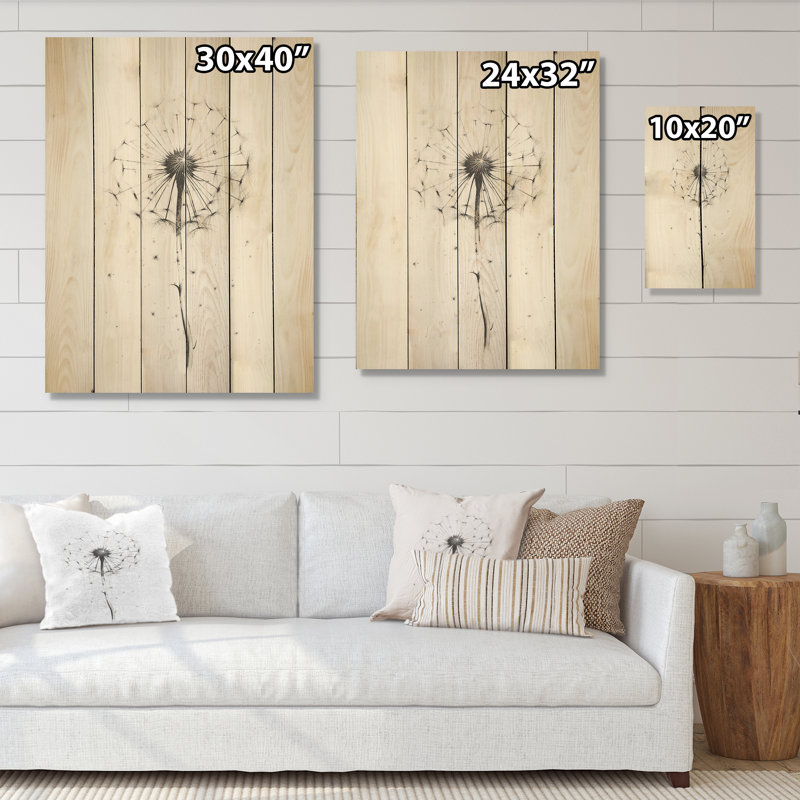 Pissenlit blanc minimaliste - Pissenlit, art mural sur bois de pin naturel, H 40 po x l 30 po