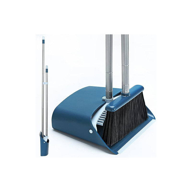 Blue Stainless Steel Long Handle Broom and Dustpan Set