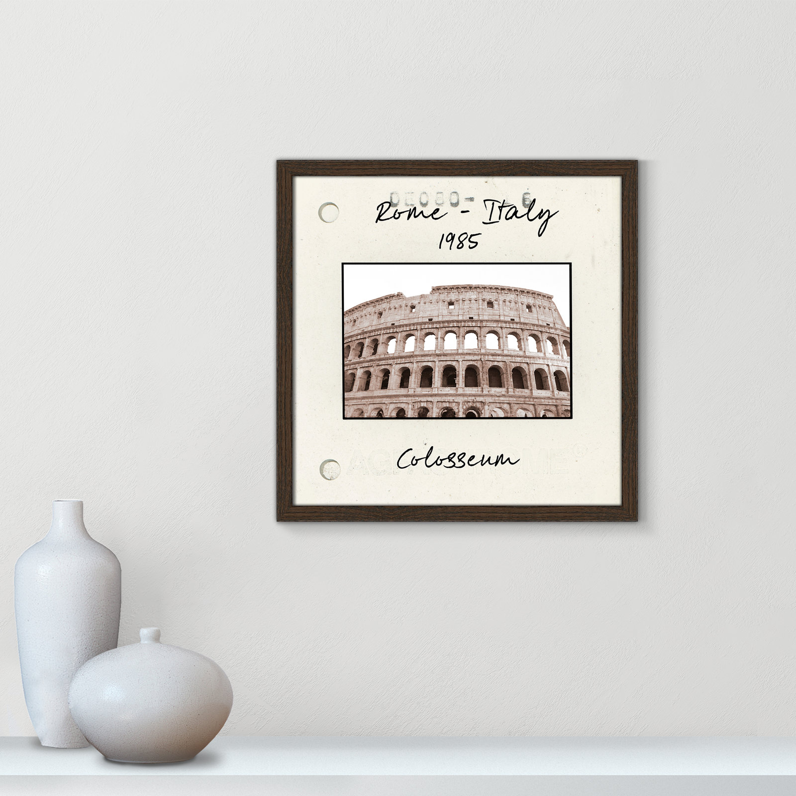 Travel Slide Collection "Rome, Italy - Colosseum" Print, Walnut Single Picture Framed Paper, 17" H x 17" W x 0.75" D