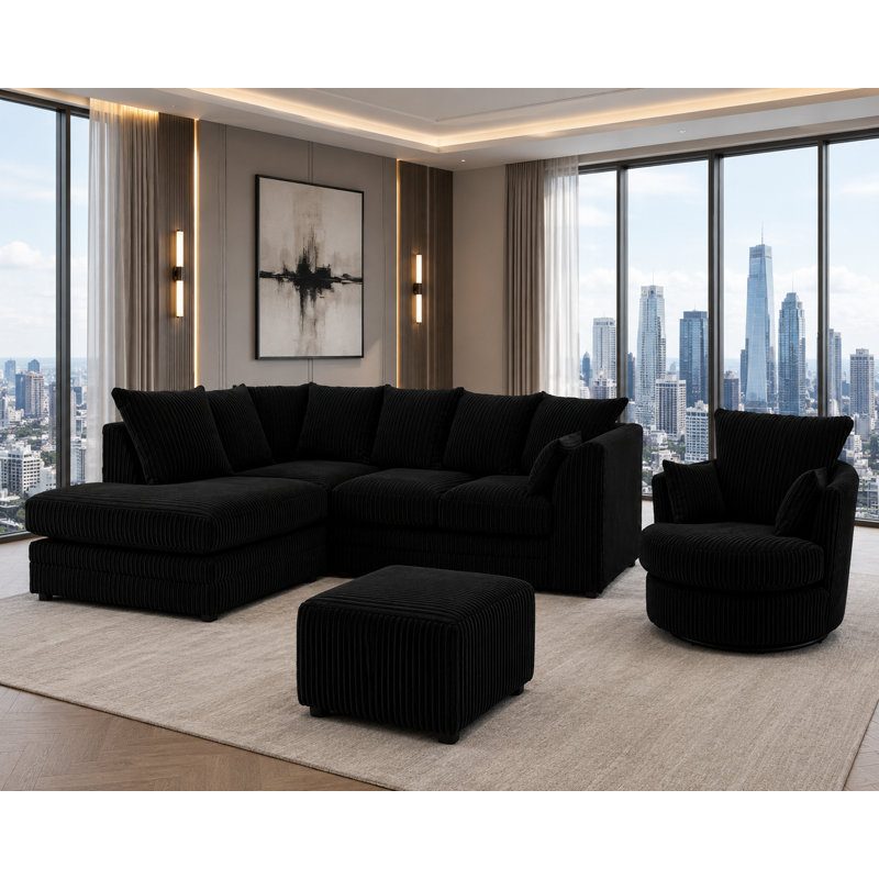 4 Seater Corduroy Sofa & Chaise, Black