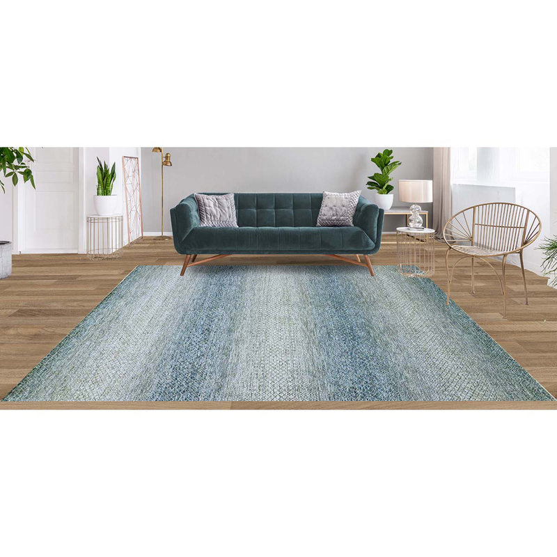 Tapis rectangulaire rayé en laine noué à la main bleu / gris, Rectangle 6 pi x 9 pi