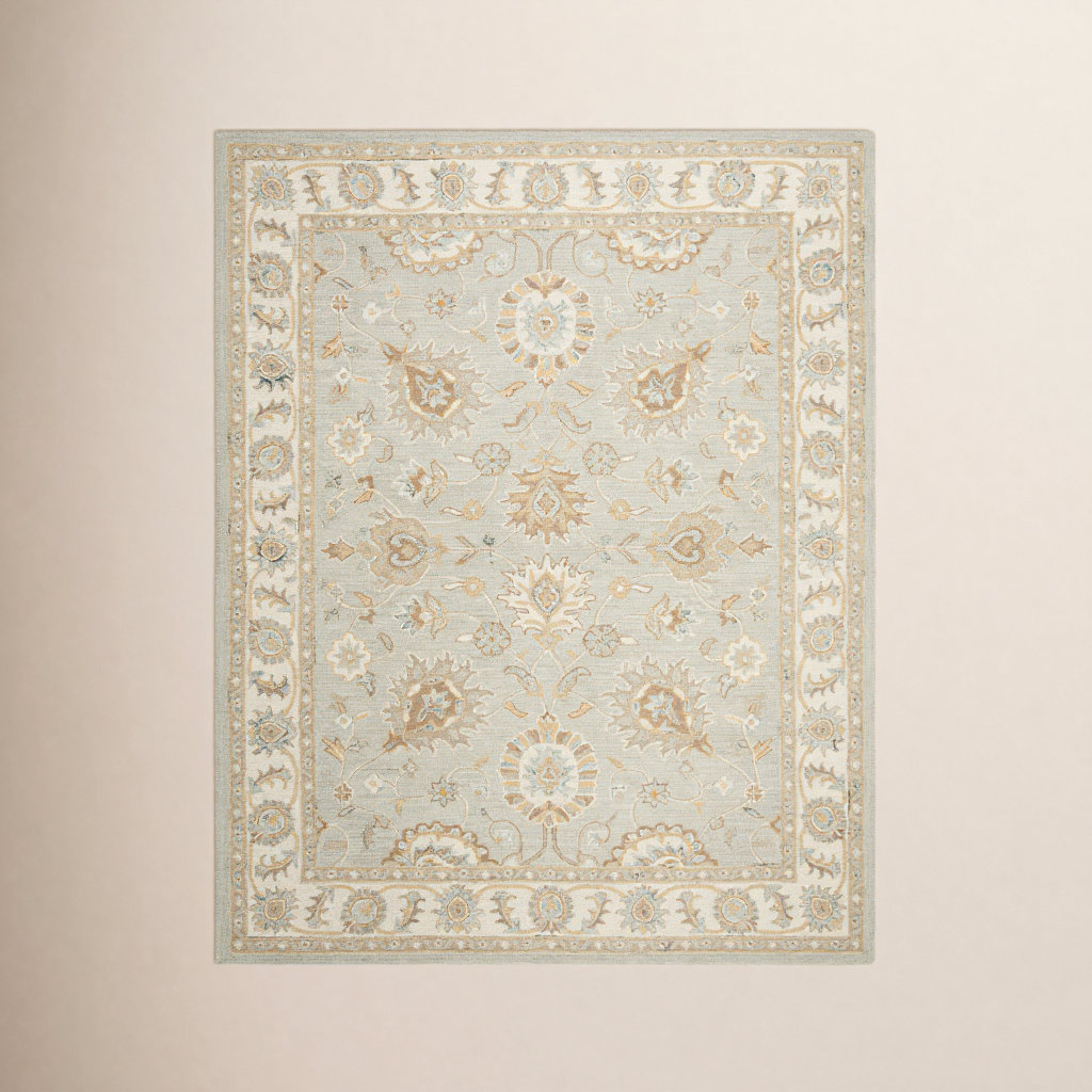 Desmondia Handmade Wool Aqua/Ivory Rug, Rectangle 5' x 8'