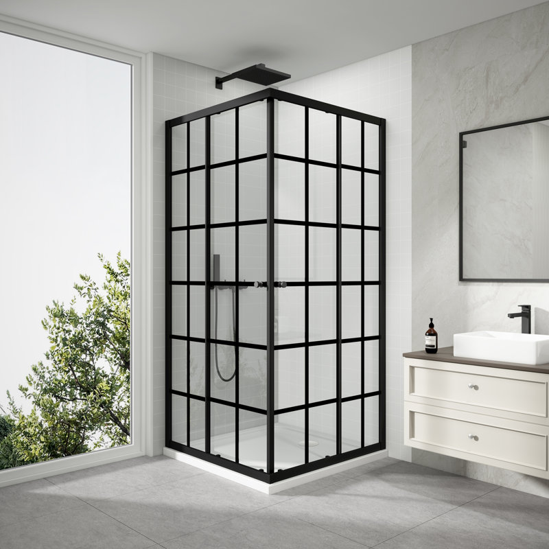 Cabine de douche à double coulissement moderne encadrée avec verre trempé transparent de 1/4 po de largeur x P 34,5 po x l 72 po x H 34 po