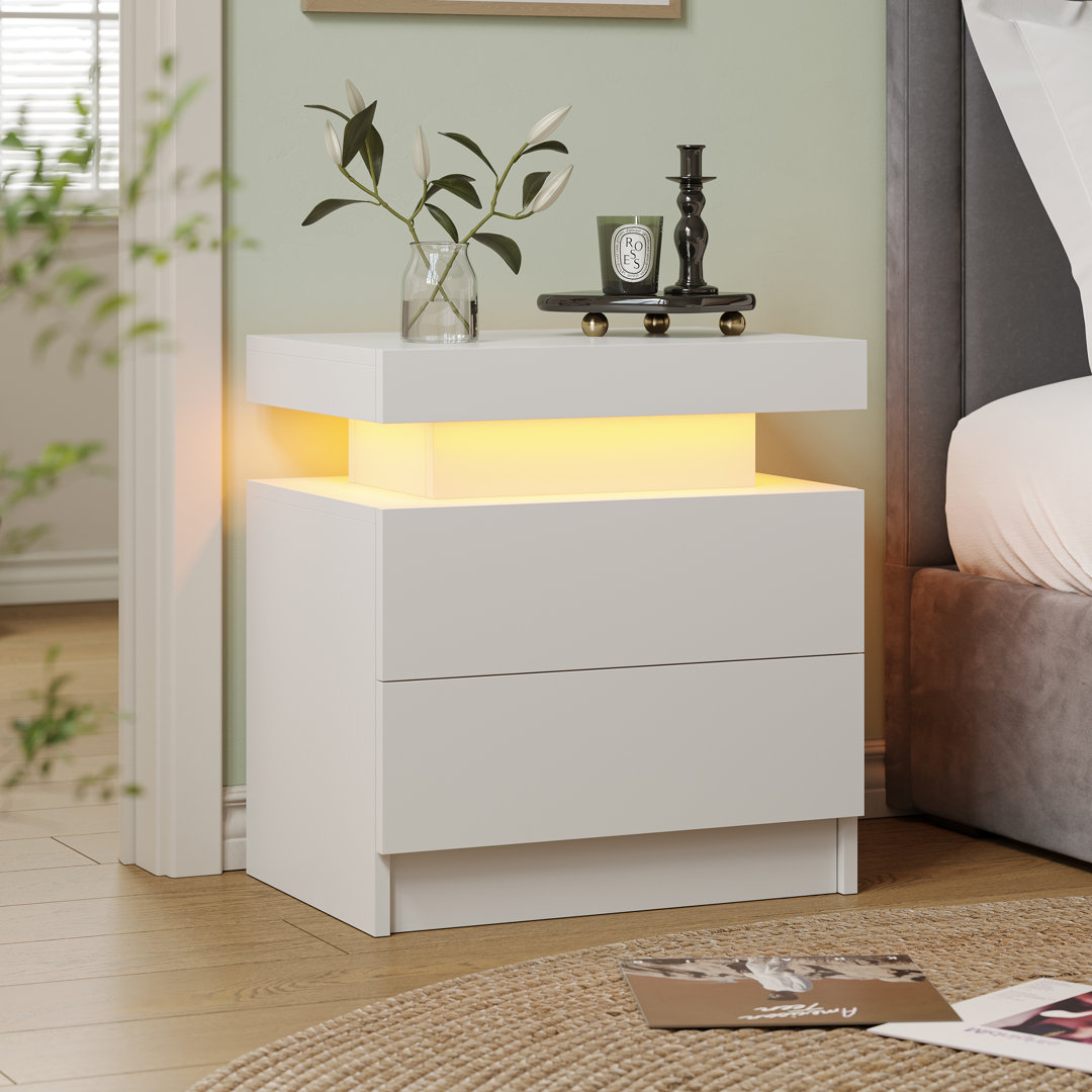 Led Bedside Table With Drawers, Modern NIghtstand with LED Lights for Bedroom