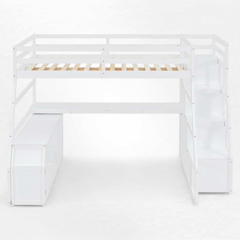 Heiki Loft Bed with Desk, Storage Stairs, Shelves, Cabinet, and Drawers, Full, White