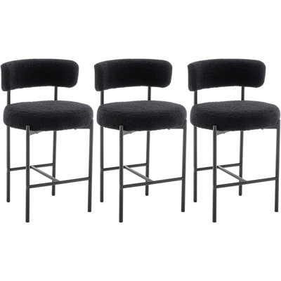 Boucle Bar Stools Set Of 3, 24" Modern Counter Stools With Backs, Upholstered Barstools For Kitchen Island, Bar, Cafe
