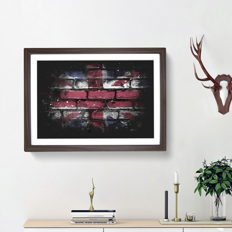 Union Jack Brick Wall Graffiti - Picture Frame Graphic Art Print, Walnut Framed, 24cm H x 33cm W x 2cm D