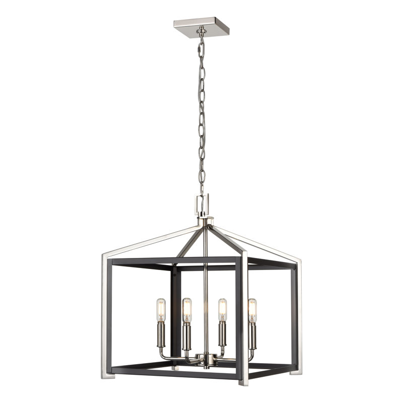 4 - Light Dimmable Lantern Modern Linear Chandelier, Black/Polished Nickel, 18.75" H x 16" W x 16" D