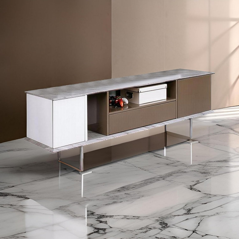  Console de divertissement 70 pouces avec tablettes et tiroir blanc brun gris