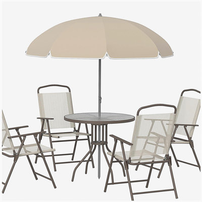 Outsunny 6 Piece Patio Dining Set for 4 with Umbrella, Outdoor Table and Chairs with 4 Folding Dining Chairs & Round Glass Table for Garden, Backyard and Poolside, Beige