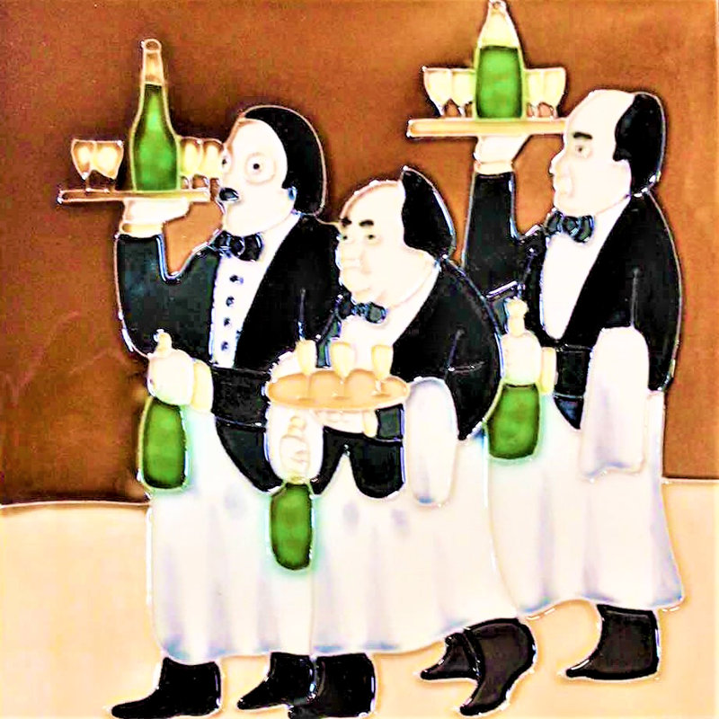 8x8 "Three Servers Serving Wine - Céramique art carrelage plaque chauffante et décoration murale