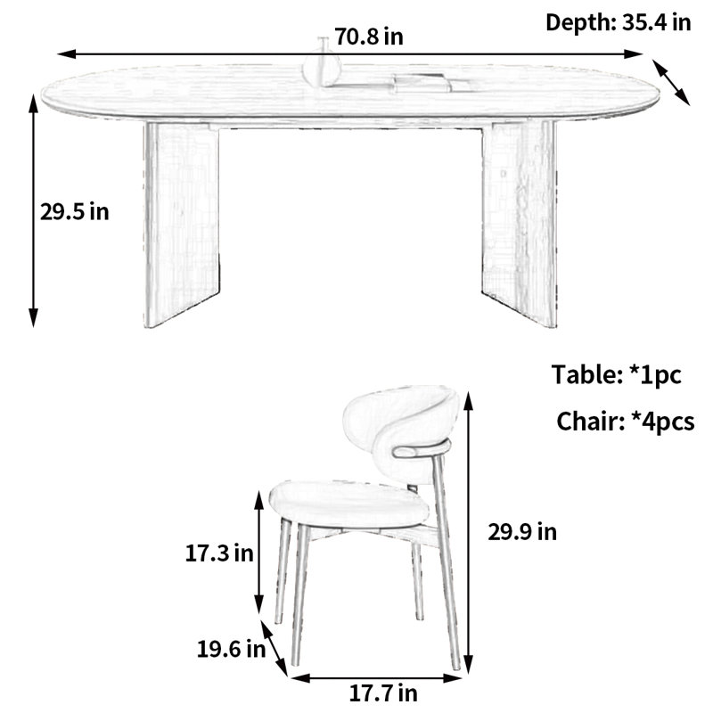 Contemporary design dining table and chair, 29.5"H x 70.8"L x 35.4"W