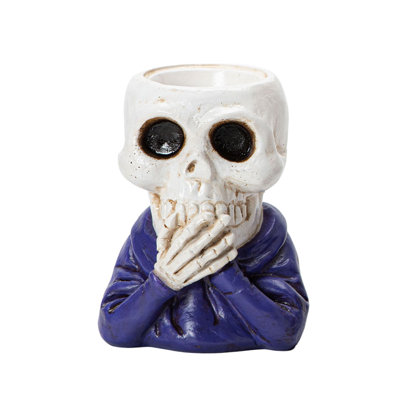 P lastic Ornament Halloween Sneaky Skull Figurine Candle Holders Purple Outfit Skeleton Bust Statue Spooky Tabletop TealightHolder For Holiday Party Display