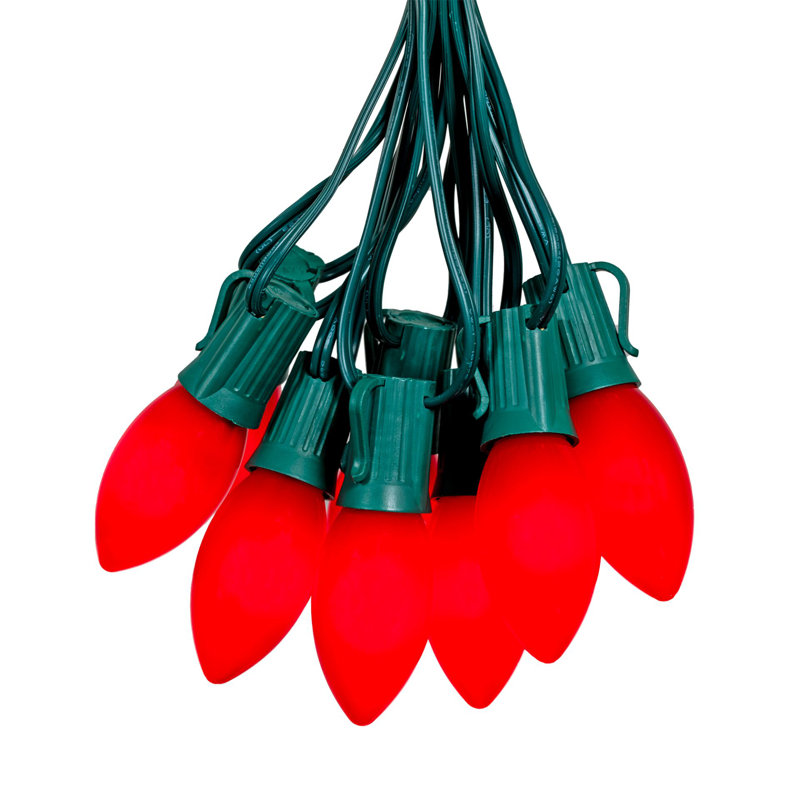 25 Feet LED C9 String Lights, 25 Bulbs with 12 Inch Spacing on Green Wire, Connect Up To 43 Strings Together, Shatterproof and Weather Resistant Removable Bulbs