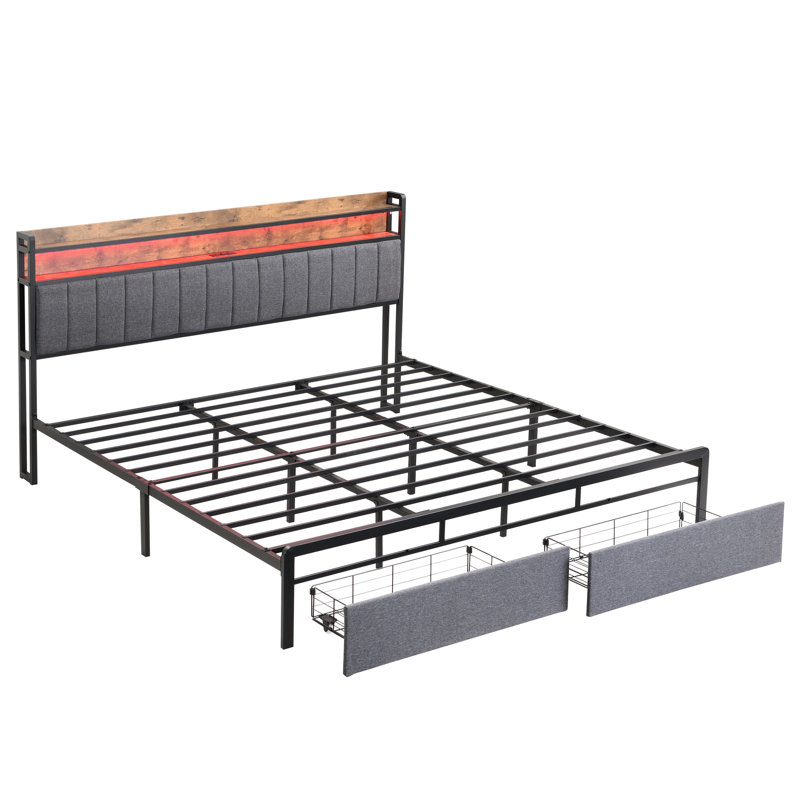 Base de lit très grande avec rangement, tête de lit avec tiroirs, sommier sans sommier, espace de rangement rapide à DEL
