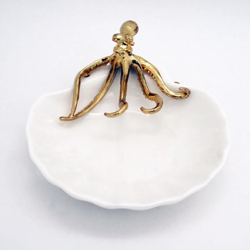 White Ceramic Shell Tray with Gold Pewter Octopus