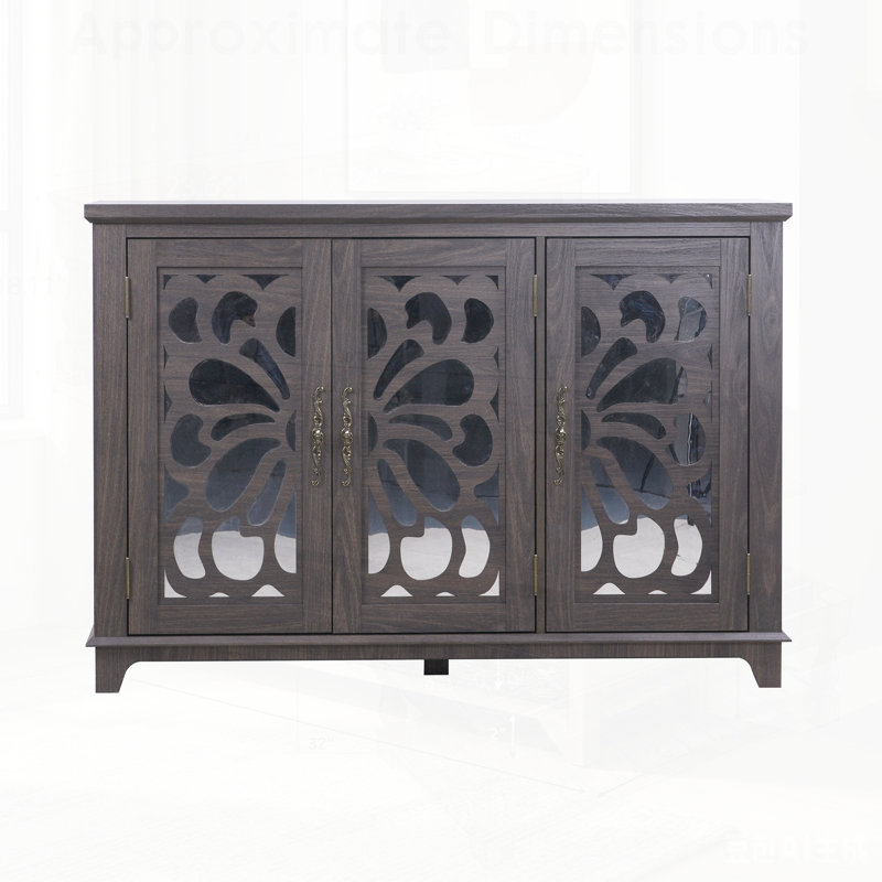 Buffet de comptoir spacieux avec 3 portes en miroir et tablettes réglables, parfait pour le rangement et l'élégance dans n'importe quelle pièce