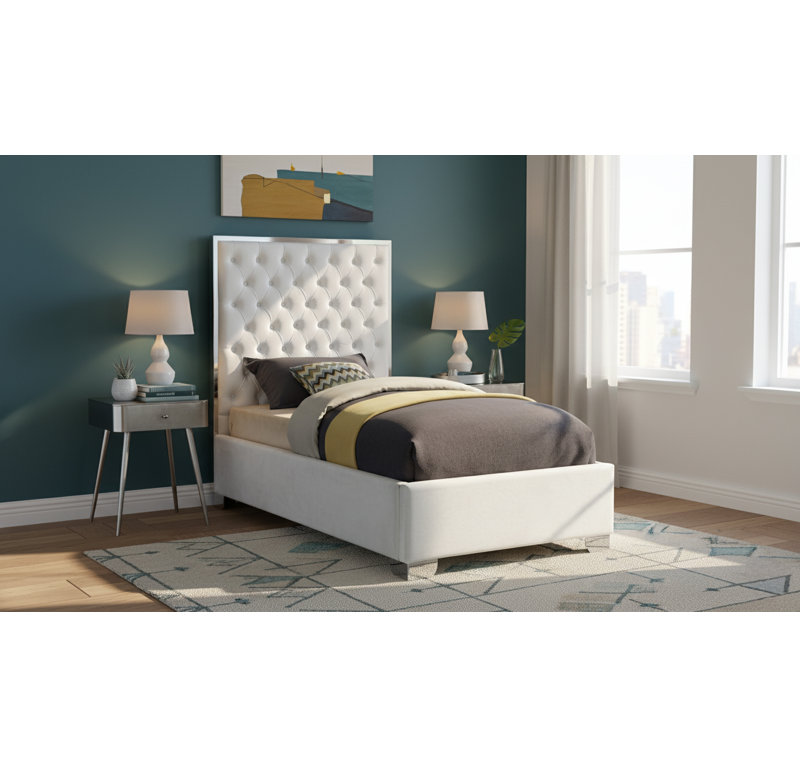 Spadaro Upholstered Platform Bed, White Velvet, Silver, Twin