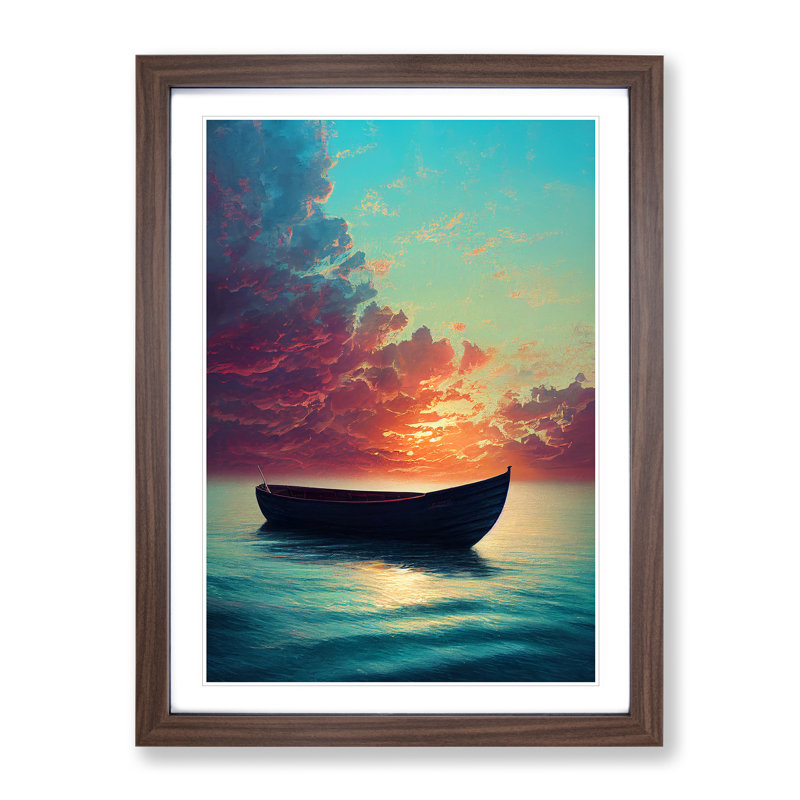 XV1022-1131X Boat On A Peaceful Ocean - Print, Walnut Framed, 64cm H x 46cm W x 2cm D, Walnut