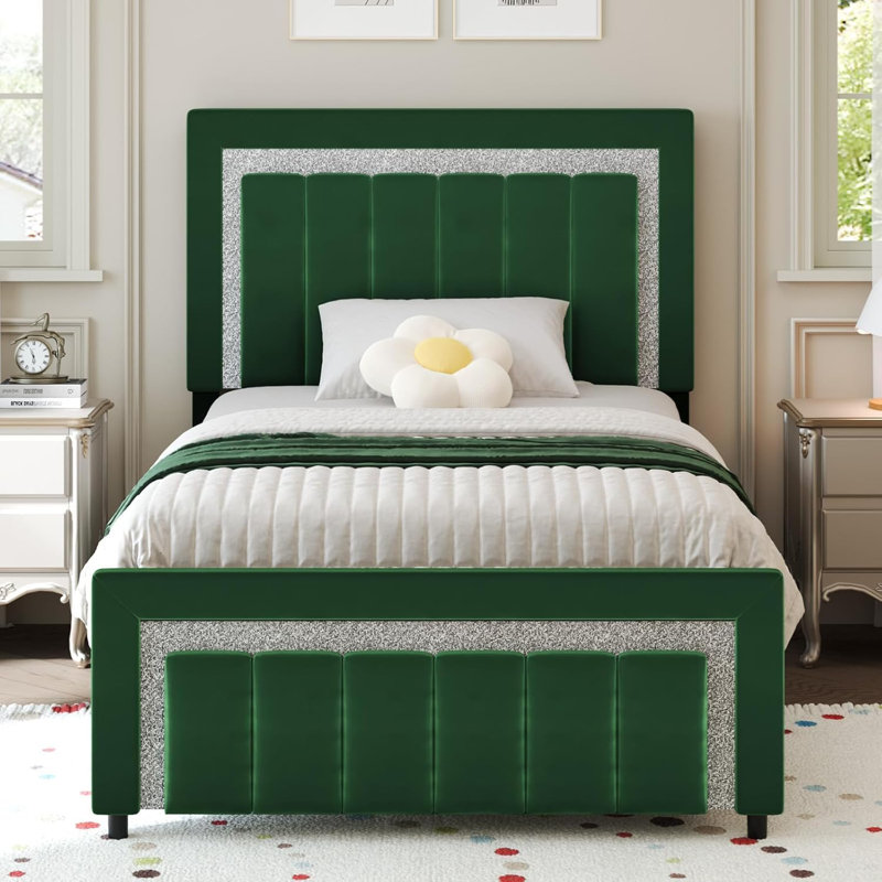 Velvet Upholstered Platform Bed Frame with Vertical stripes Headboard and Footboard and Footboard, Twin, Green