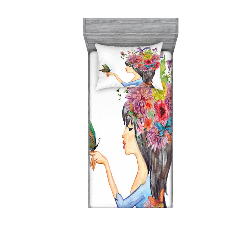 Ensemble de draps fleurs et feuilles avec un papillon à poils longs, Ensemble de draps pour lit simple TG avec drap-hou