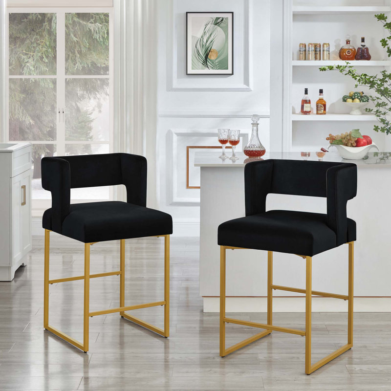 Ensemble de 2 tabourets de bar modernes à hauteur de comptoir avec dossier ouvert carré, Noir