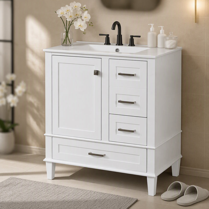 Ensemble de meuble-lavabo moderne avec lavabo 30 po, meuble-lavabo moderne avec porte à fermeture douce et 3 tiroirs, structure en bois massif