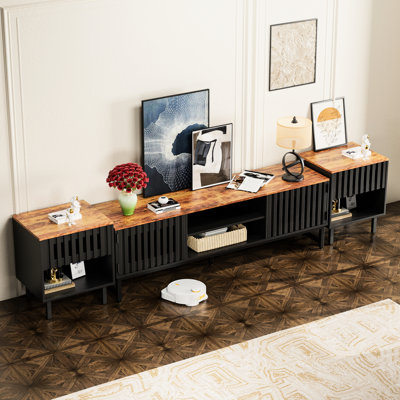 Meuble télé de 63 po de style Mid-Century moderne, portes grillagées noires, construction, rangement à 4 tablettes, divertissement dans le salon et la chambre à coucher, support de 60 po avec de nombreux espaces de rangement, matériau, 4 pièces