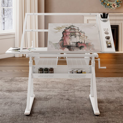 Adjustable Glass Drafting Table with Storage and Seating