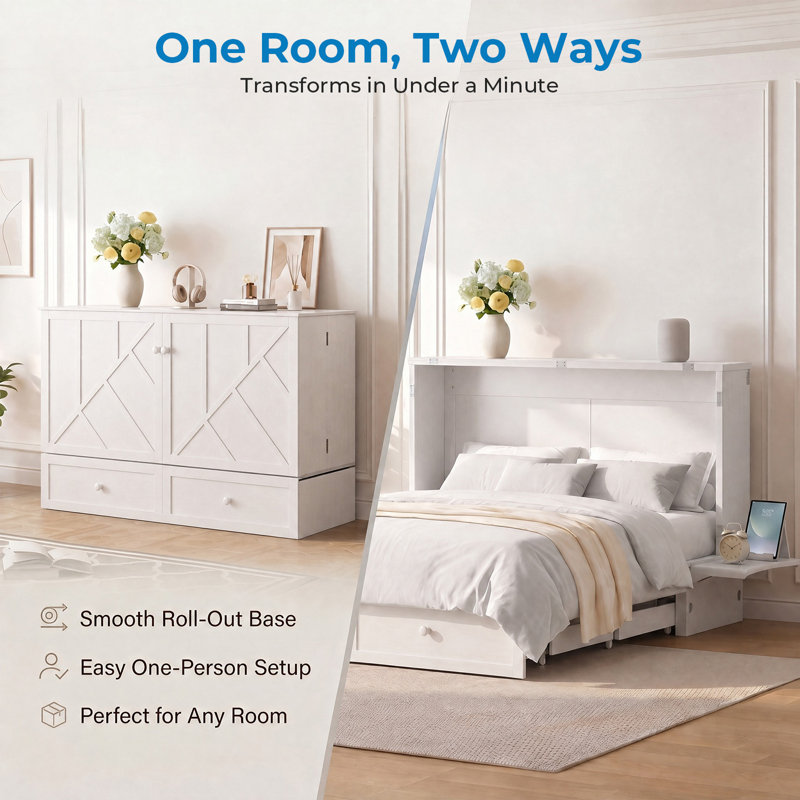 Grand lit escamotable avec matelas de rangement inclus, Blanc