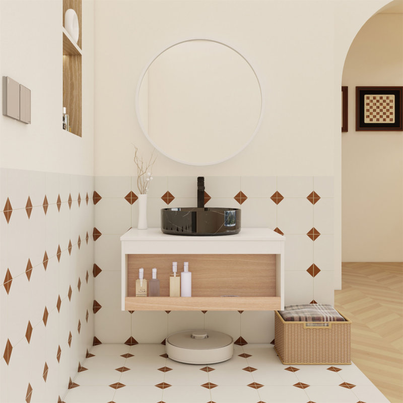 Meuble-lavabo flottant de 30 po avec lavabo vasque en veine de marbre noir, meuble-lavabo mural avec tablette ouverte avec finition en bois