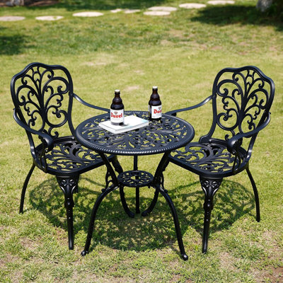 3 Piece Outdoor, Bistro Table And Chairs Set Of 2, All Weather Patio Bistro Set With Umbrella Hole, Patio Set For Garden, Black