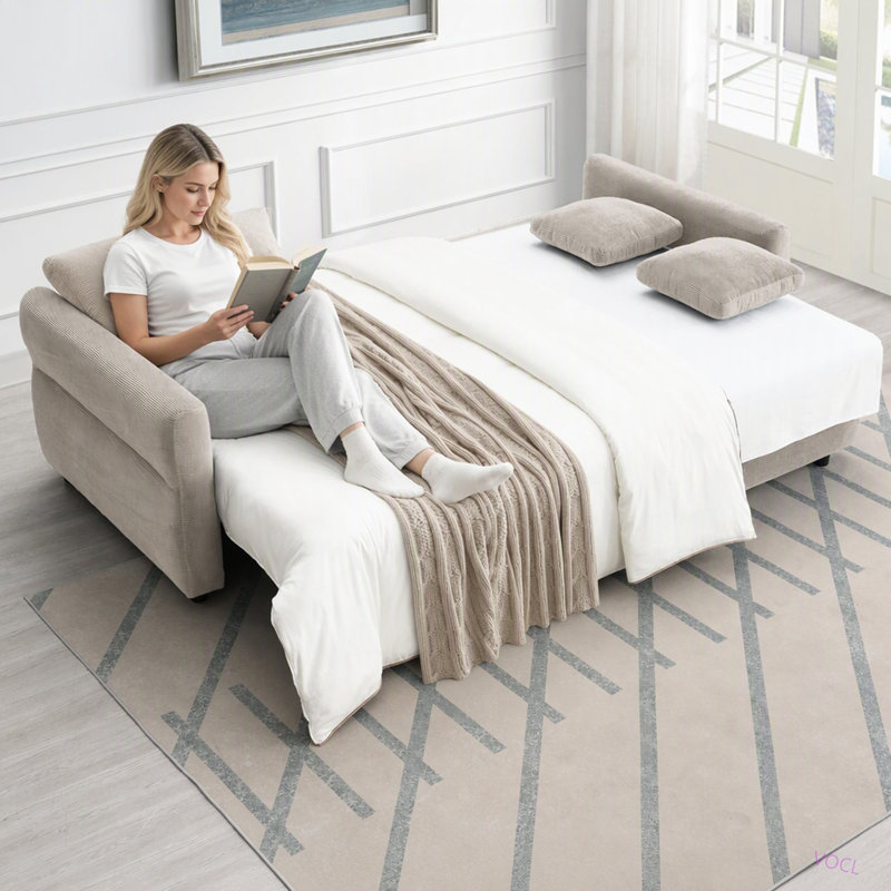 Fabric Pull-out Sleeper with Storage, Beige Fabric