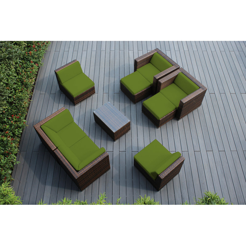 Ensemble de conversation en osier pour 6 personnes avec coussins Bannan - sans assemblage, Sunbrella Ara, Mélange de bruns