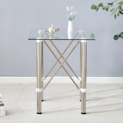 Elegant Expandable Square Glass Table - 24" Clear Tempered Glass, Silver Metal Legs.Telescopic Metal Legs, Transparent Square Glass Tabletop, Suction Cup Attachment Connection.