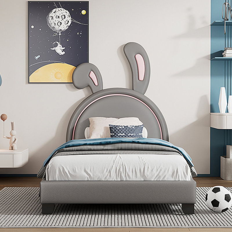 Lit plateforme simple tapissier avec ornement en lapin, gris, lit, Lit simple