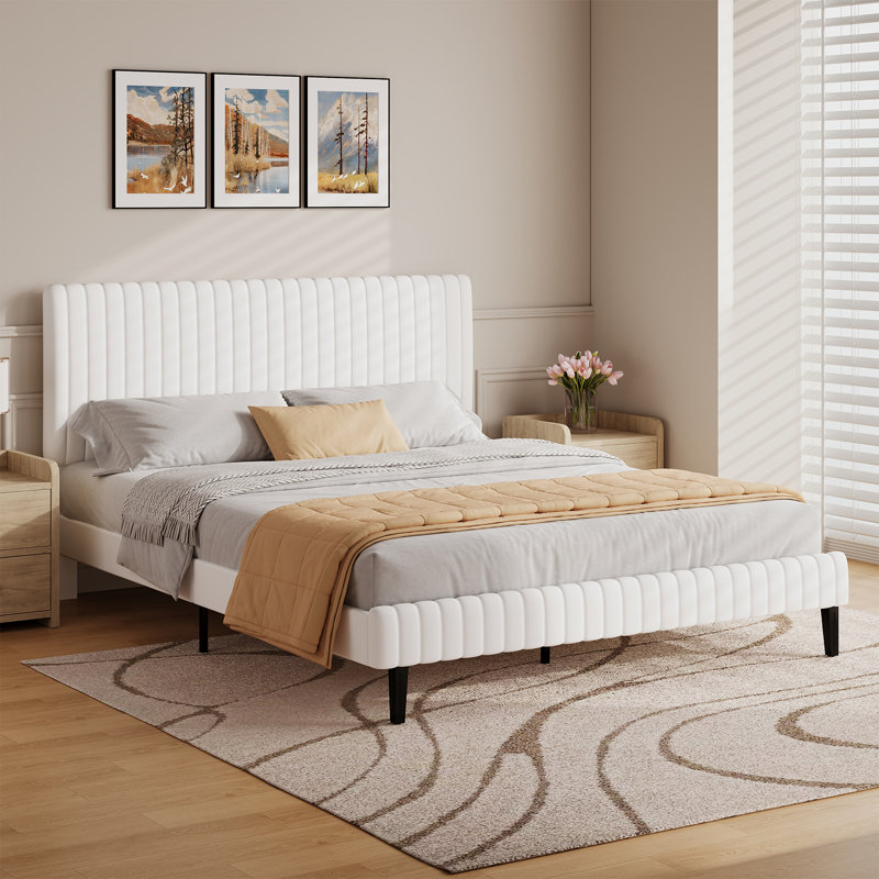 Velvet Upholstered Platform Bed Headboard and footboard with soft-padded vertical channel quilting, White, Queen
