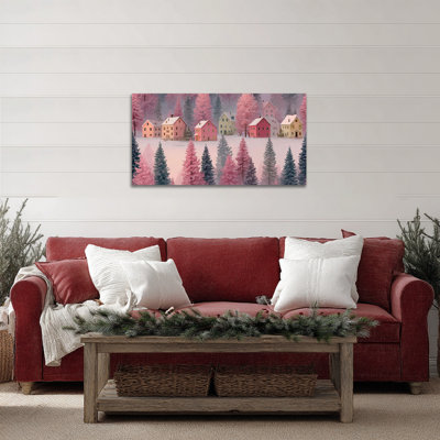  Art mural sur toile de Noël, reproduction sur toile de maisons et d'arbres de scène d'hiver pastel, peinture murale de vacances, œuvre d'art du village de neige pour le salon, la chambre à coucher, décorations pour la maison, 48 po x 24 po