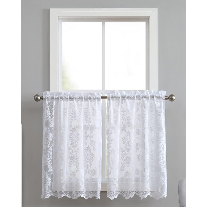 Tario Pair of 2 Floral Scalloped 30" Kitchen Curtain Tiers, White, 30" W x 24" L
